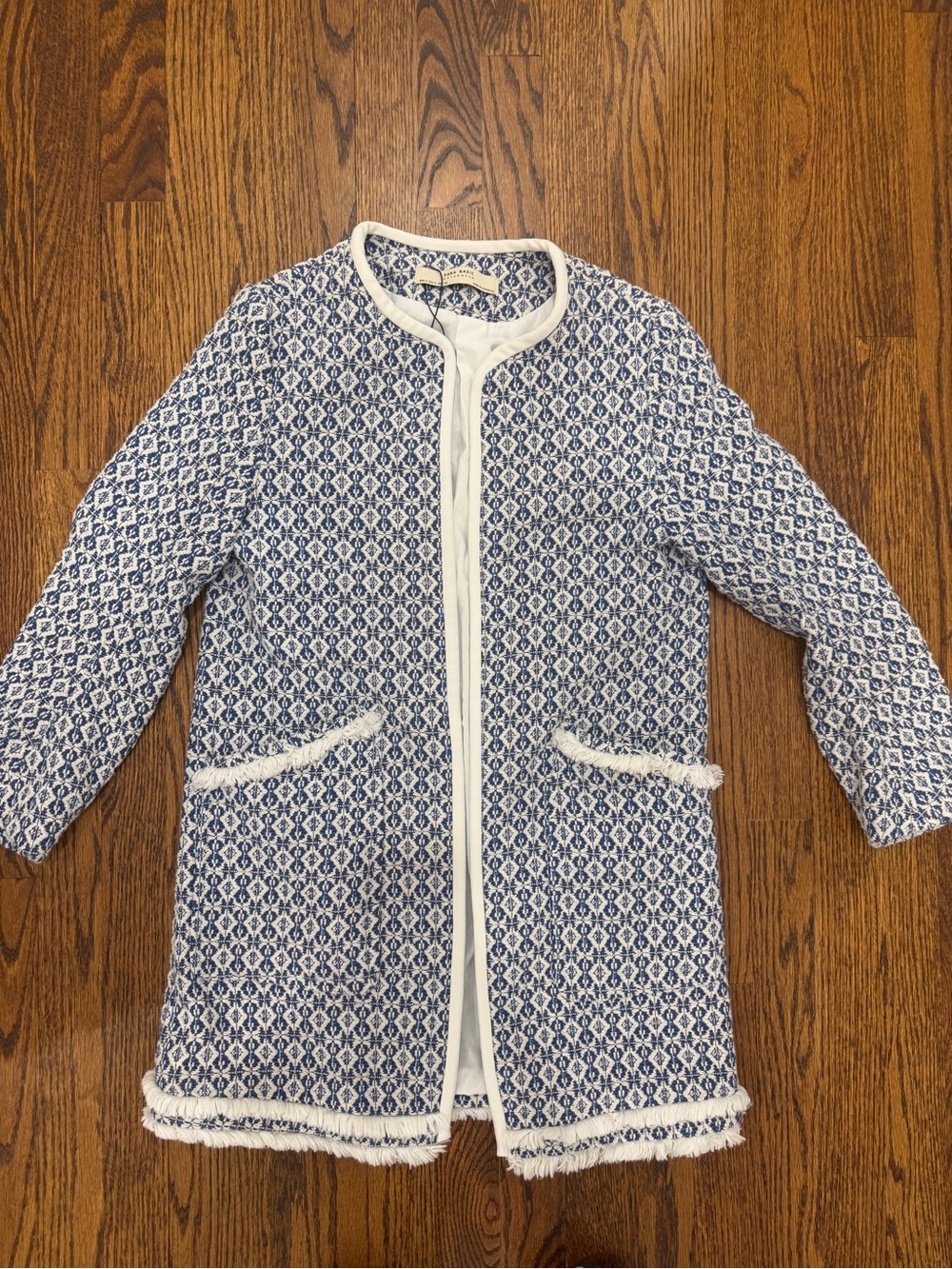 Zara Blue & White Textured Fringe-Trim Coat